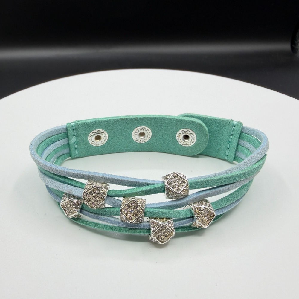 Mint Blue Faux Suede Wrap Bracelet Crystal Beads Boho Layering Statement Gift
